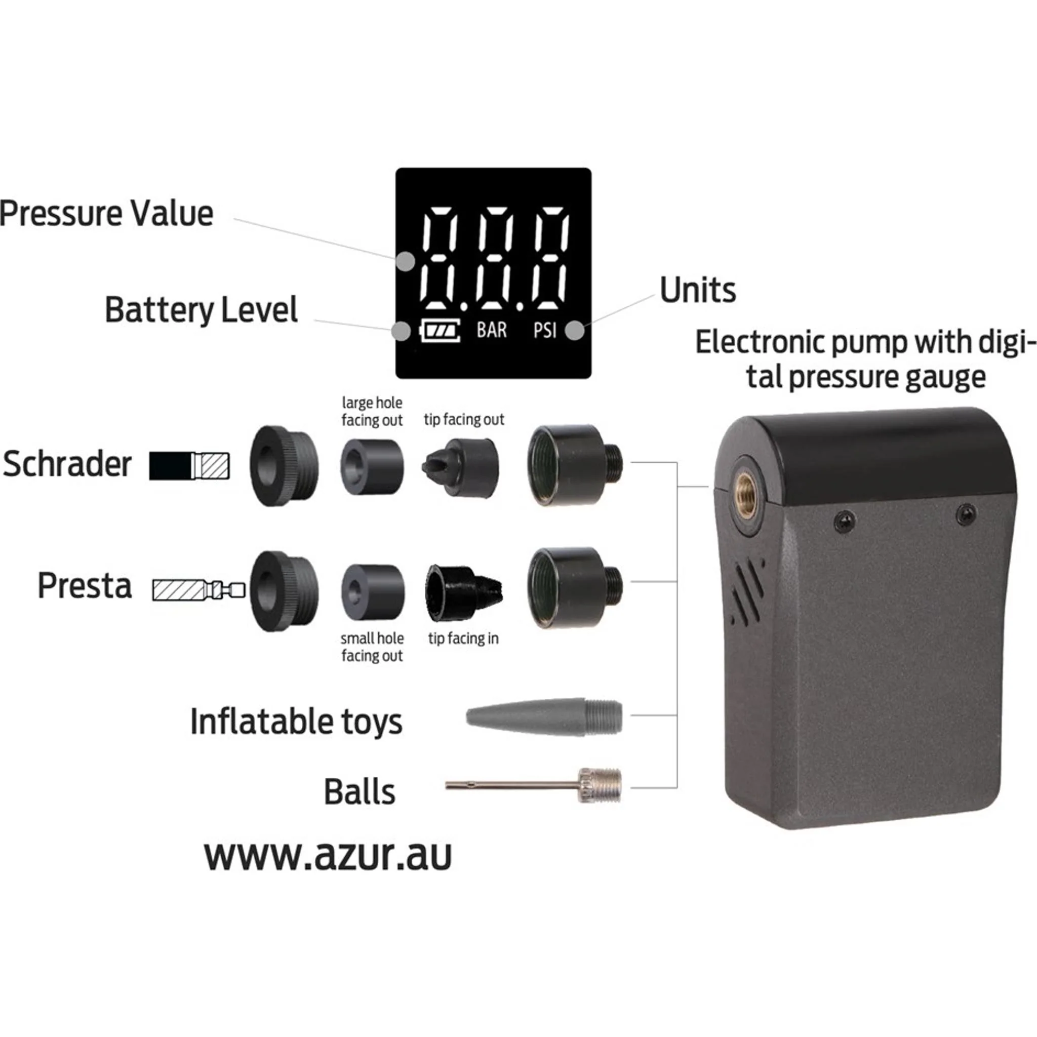 Azur Mini Electric Bike Tyre Pump with Gauge - Image 4