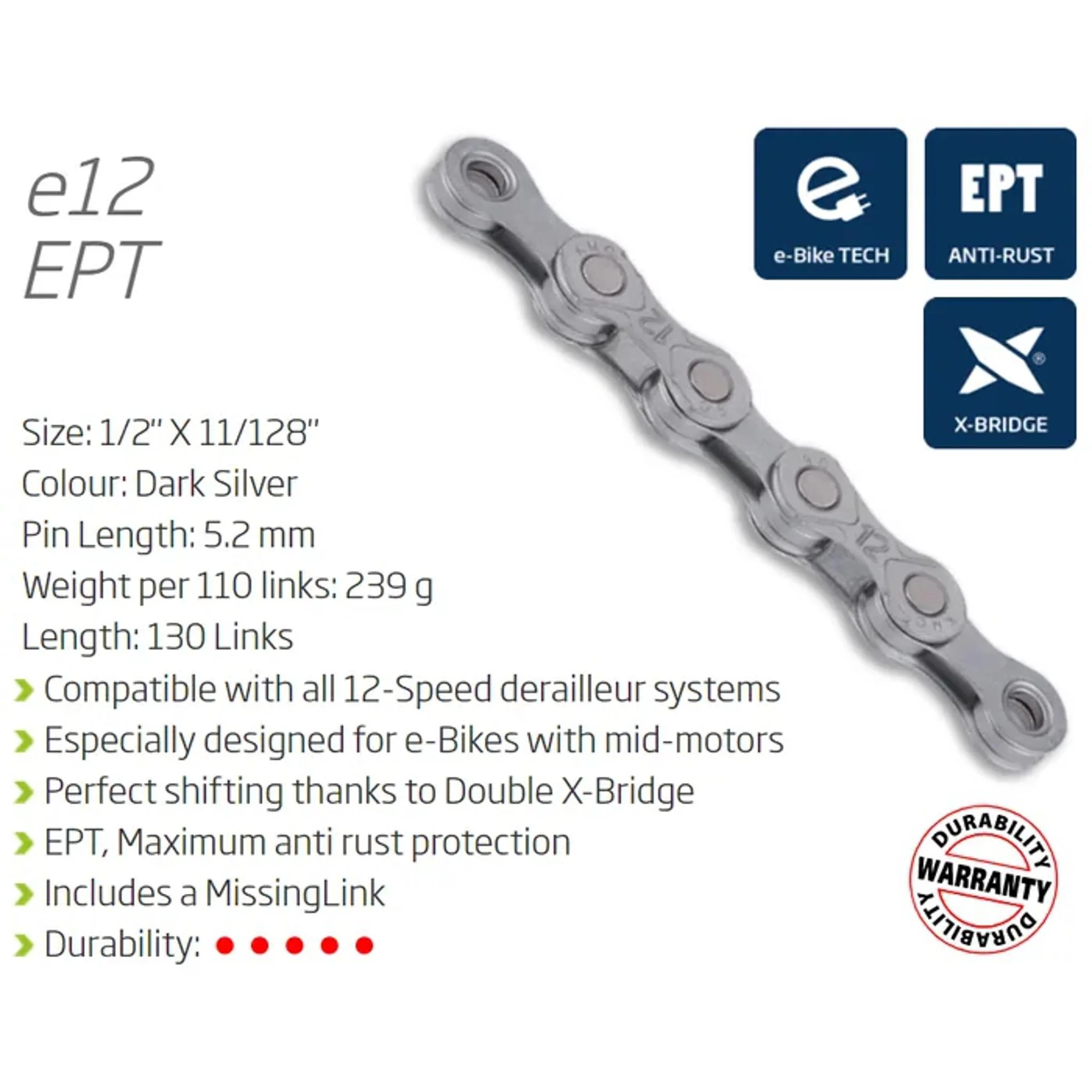 KMC E12 Turbo Anti-Rust E-Bike Chain 130L Dark Silver