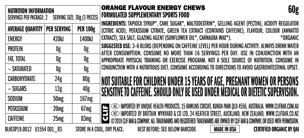 CLIF Bloks Energy Chews 60g Orange (+25mg Caffeine) - Image 2