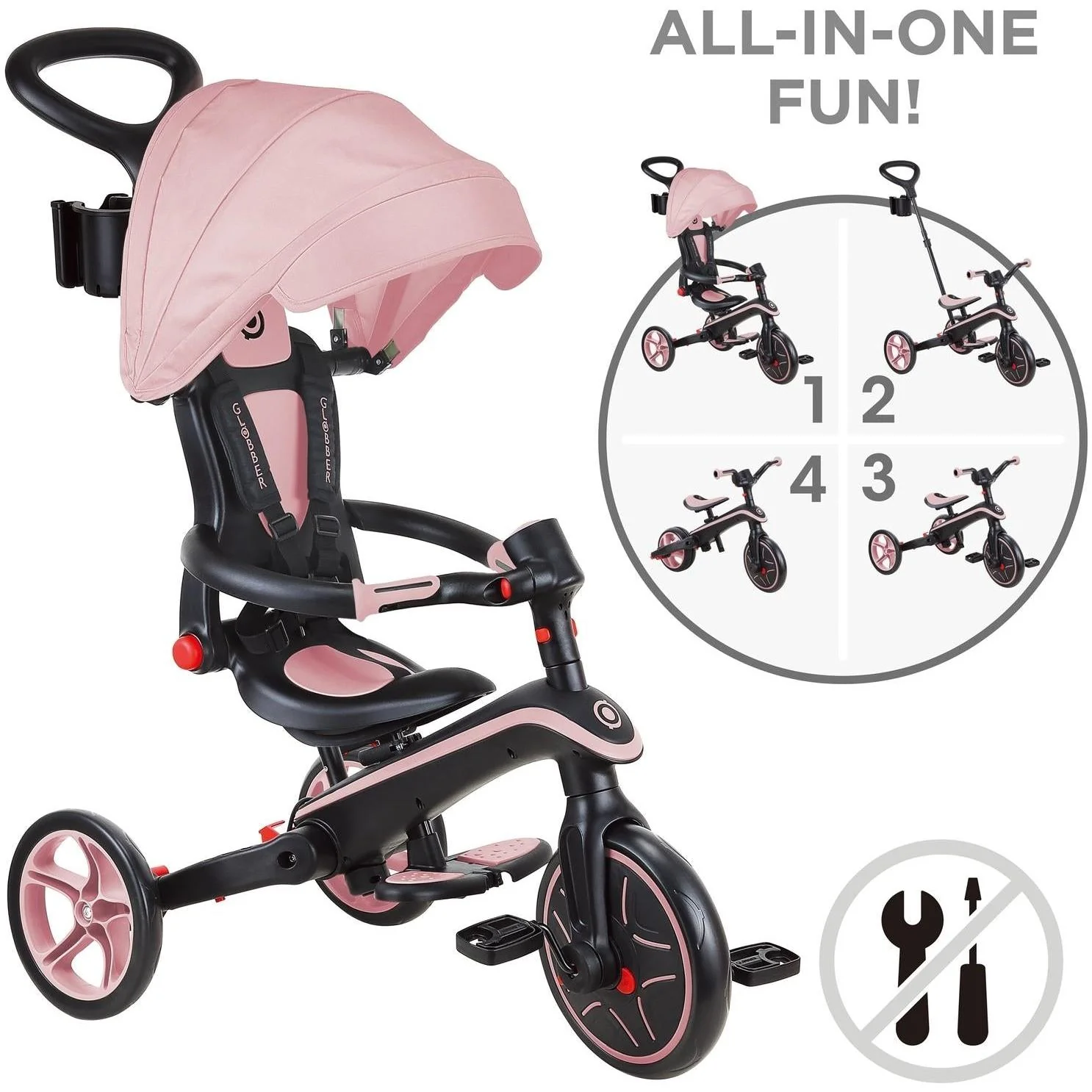 Globber Explorer Foldable 4in1 Kids Trike Deep Pastel Pink - Image 8