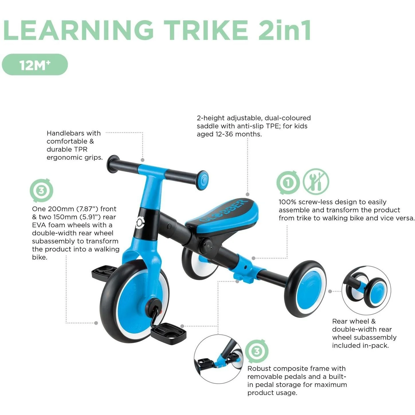 Globber Learning Trike 2In1 Sky Blue - Image 9