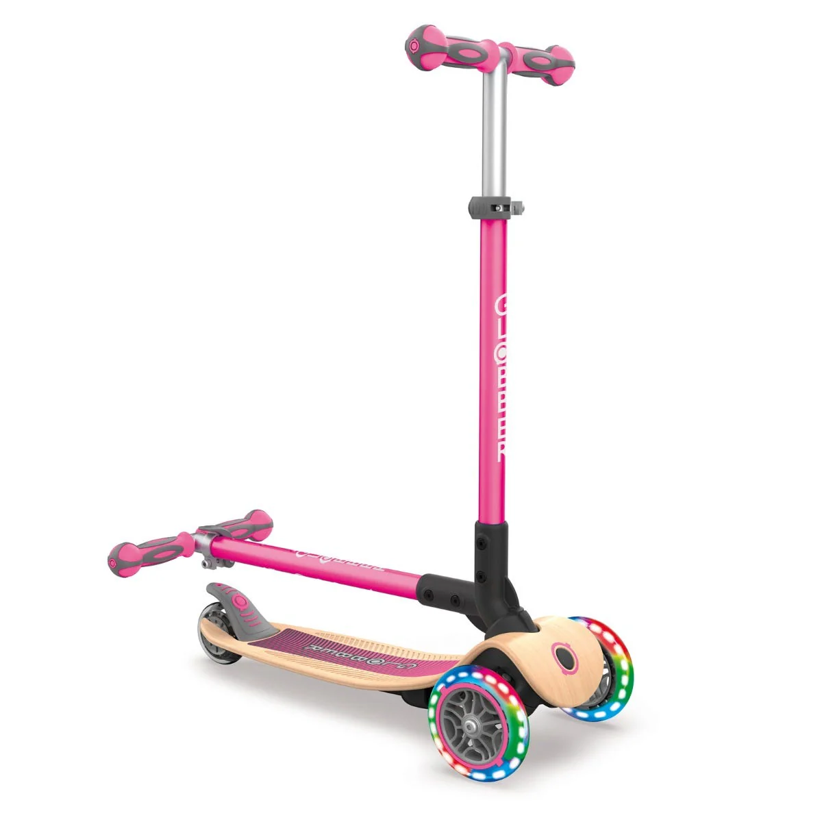 Globber Primo Foldable Wood Lights 3 Wheel Kids Scooter Pink - Image 2