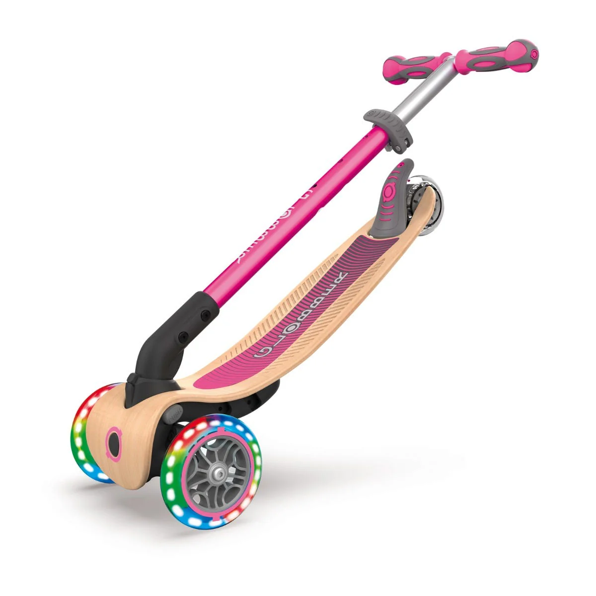 Globber Primo Foldable Wood Lights 3 Wheel Kids Scooter Pink - Image 4
