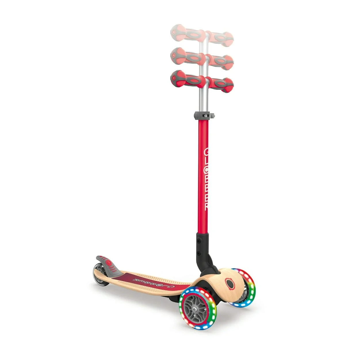 Globber Primo Wooden Foldable 3 Wheel Kids Scooter with Lights Red - Image 2