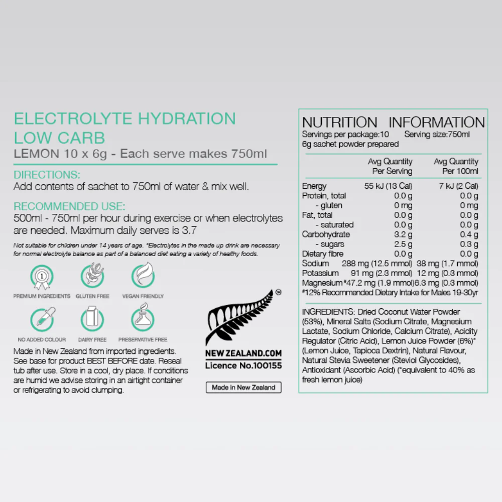 PURE Lemon Low Carb Electrolyte Hydration Powder 10 x 6g - Image 2