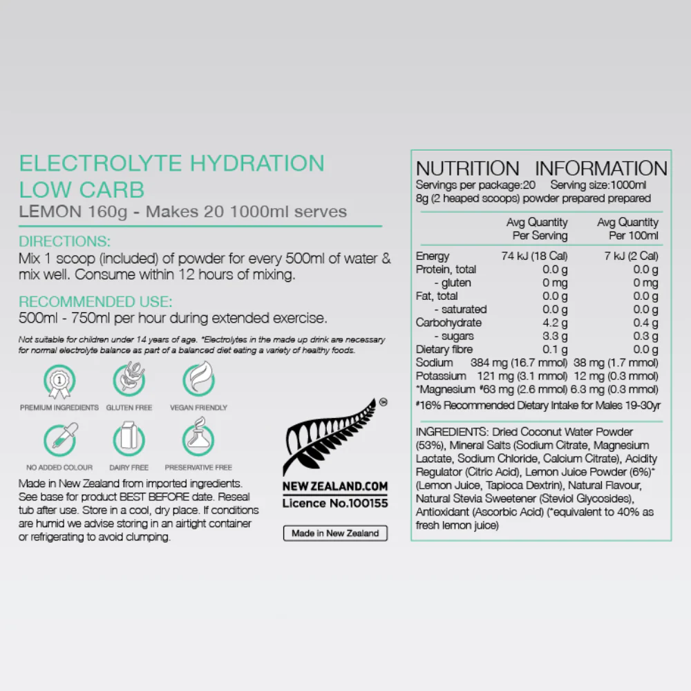 PURE Lemon Low Carb Electrolyte Hydration Powder 160g - Image 3